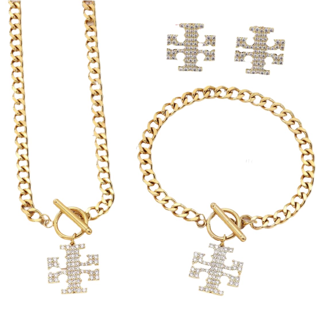 Designer Jewelry Set, 3 Piece Necklace, Earrings, and Bracelet Set, Logo Design, Luxury Fashion Accessories, Gold