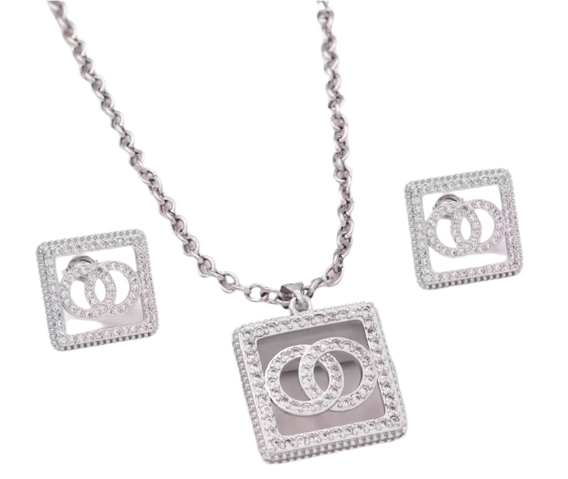 Jewelry Set, 2 Piece Necklace and Earrings Set, Logo Design, Luxury Fashion Accessories, Silver