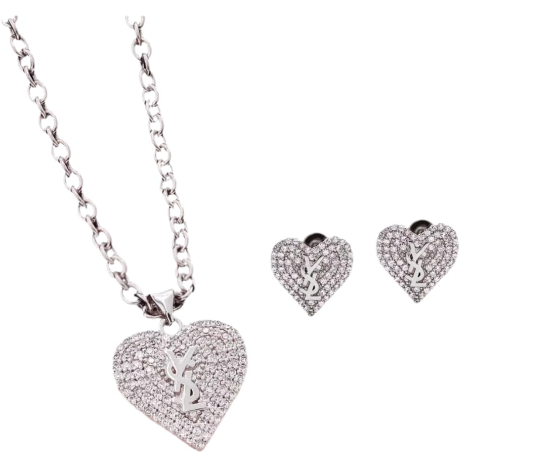 Jewelry Set, 2 Piece Necklace and Earrings Set, Designer, Logo Design, Luxury Fashion Accessories (Silver)