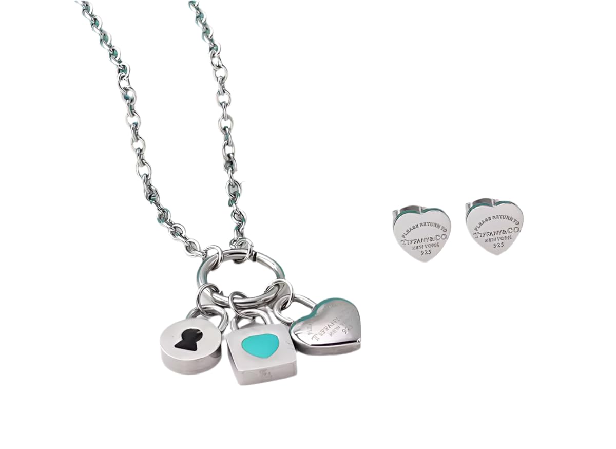 Jewelry Set, 2 Piece Necklace and Earrings Set, Logo Designer, Luxury Fashion Accessories Heart and Lock Shaped