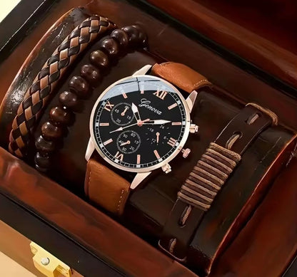 JazzyPlace Men's 3 Piece Set with Black and Brown Straps Stylish Quartz Analog Combo Gift Set with Dial Wristwatch Box for Men Perfect for Business Casual Formal and Daily Men’s Fashion Wear