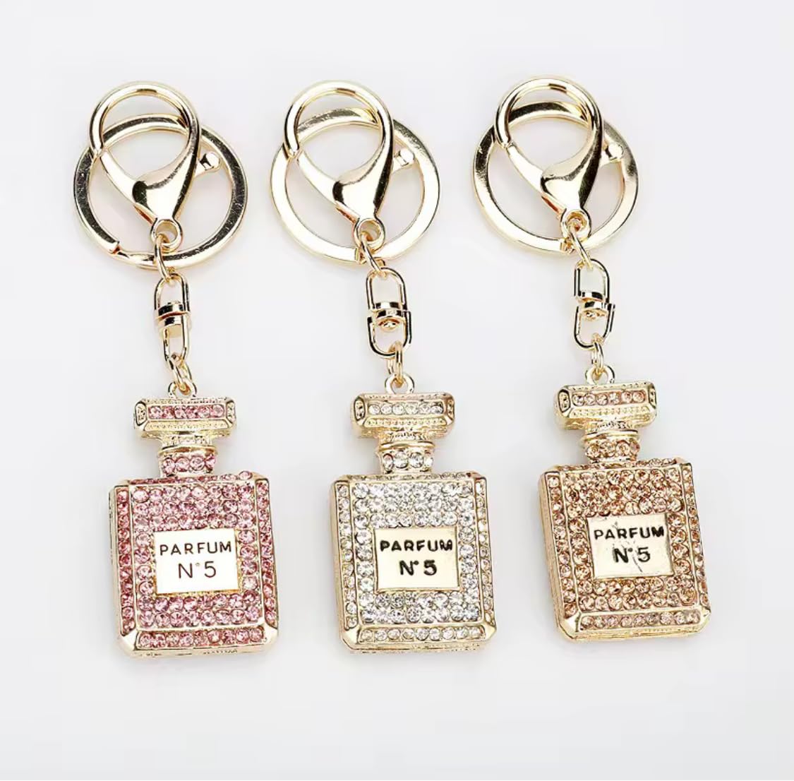 Perfume Bottle Rhinestone Keychain, Gold, White, Pink, Decorative Accessory