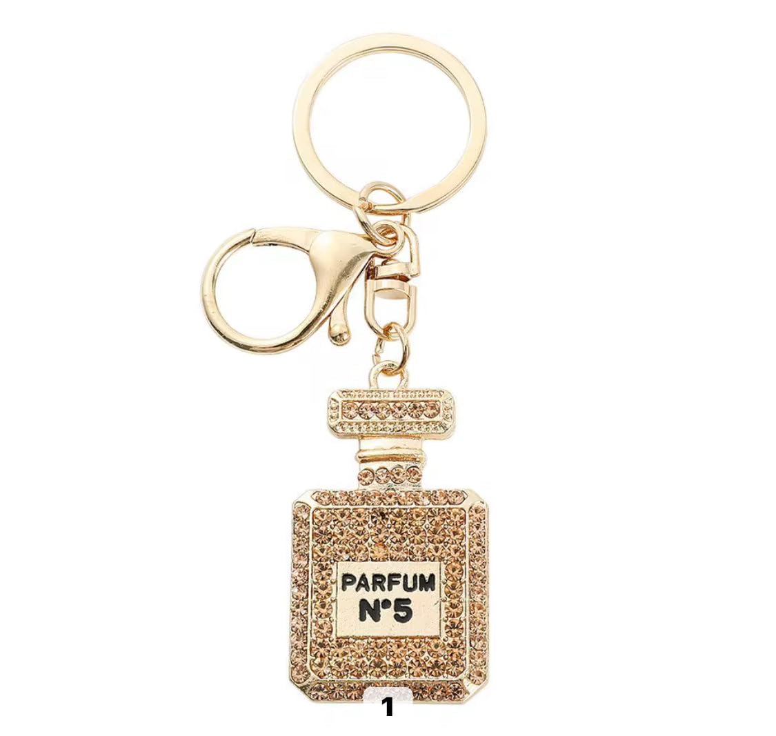 Perfume Bottle Rhinestone Keychain, Gold, White, Pink, Decorative Accessory