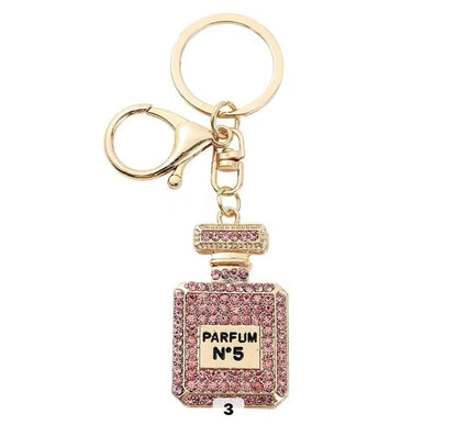Perfume Bottle Rhinestone Keychain, Gold, White, Pink, Decorative Accessory