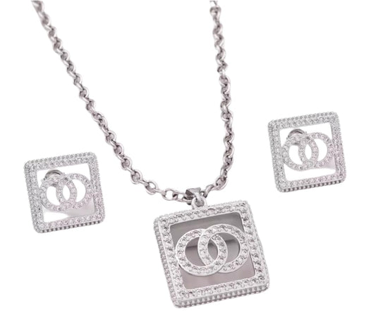 Jewelry Set, 2 Piece Necklace and Earrings Set, Logo Design, Luxury Fashion Accessories, Silver