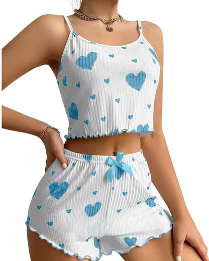 Women Pajamas with Hearts Crop Cami Top and Shorts Set 2