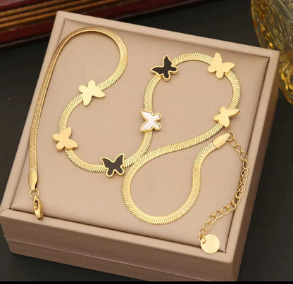 Elegant Gold Butterfly Jewelry Set for Women Includes Necklace Bracelet and Earrings with Black and White Accents Perfect for Gifting and Everyday Fashion