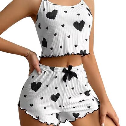 Women Pajamas with Hearts Crop Cami Top and Shorts Set 2