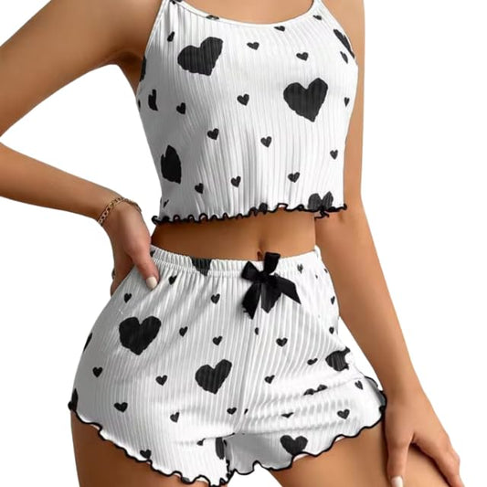 Women Pajamas with Hearts Crop Cami Top and Shorts Set 2