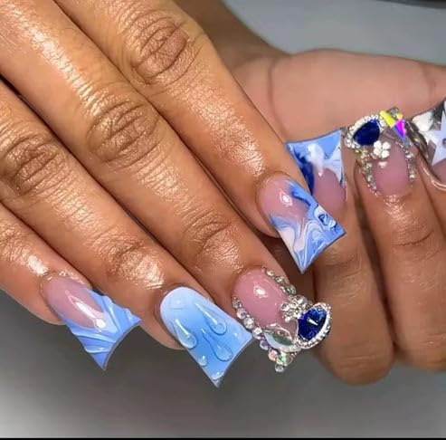 24 Pc Press On Nails Square Shape with Diamonds