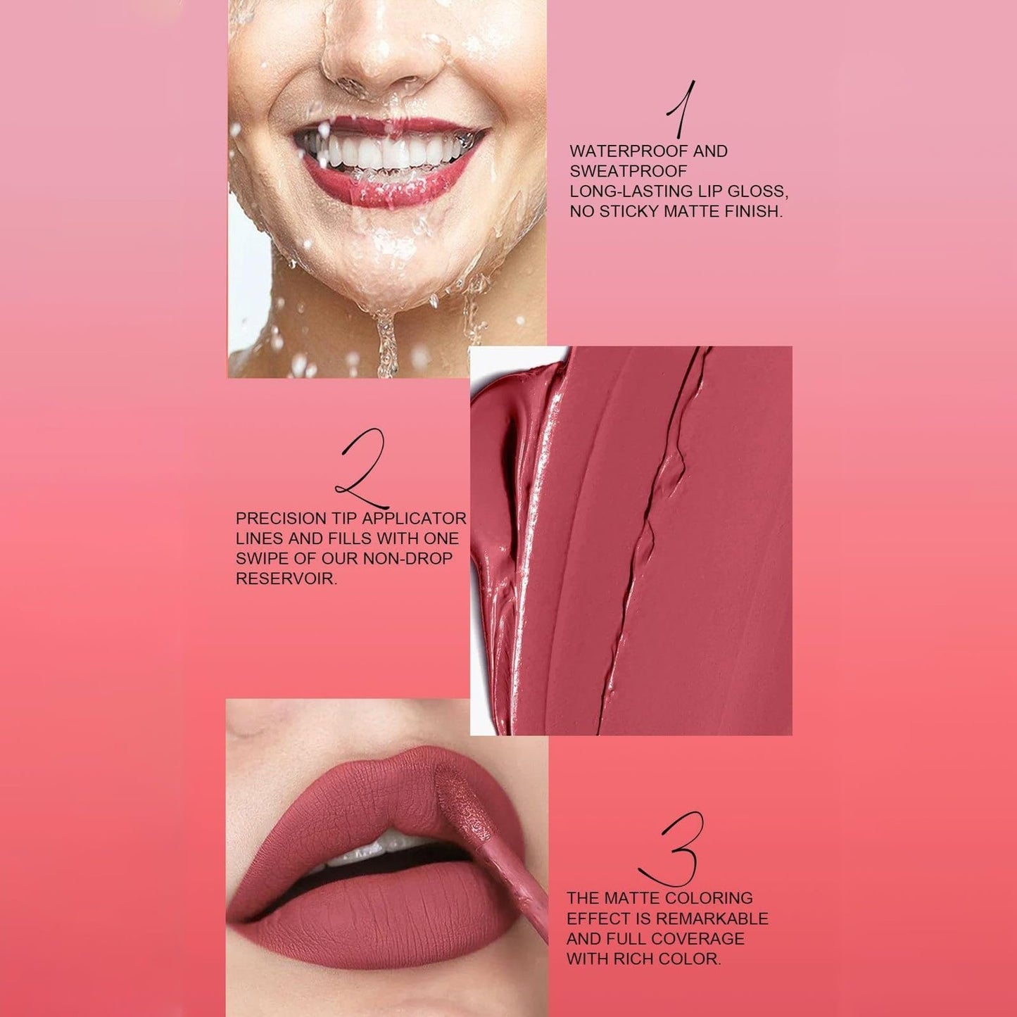 L3STVIKWEA 3 PCS Matte Liquid Lip Glaze Set Waterproof Long Lasting Smooth Lip Gloss Lipstick Non Stick Cup Non Fading Lip Glaze (Color B, One size)