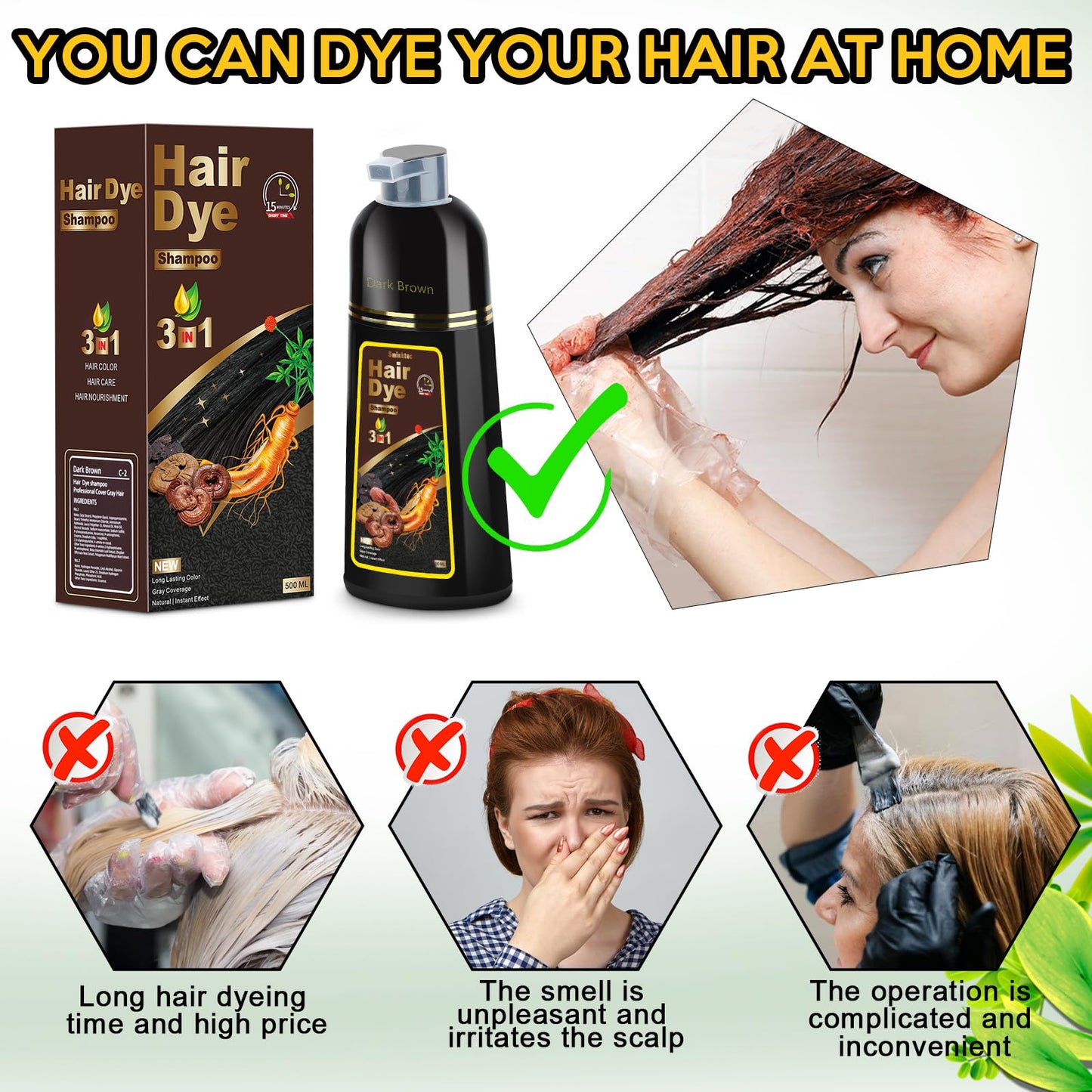 Hair Dye Shampoo 3 in 1 for Gray Hair, Herbal Ingredients Natural Shampoo Hair Dye for Women Men