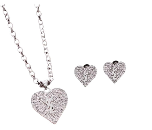 Jewelry Set, 2 Piece Necklace and Earrings Set, Designer, Logo Design, Luxury Fashion Accessories (Silver)