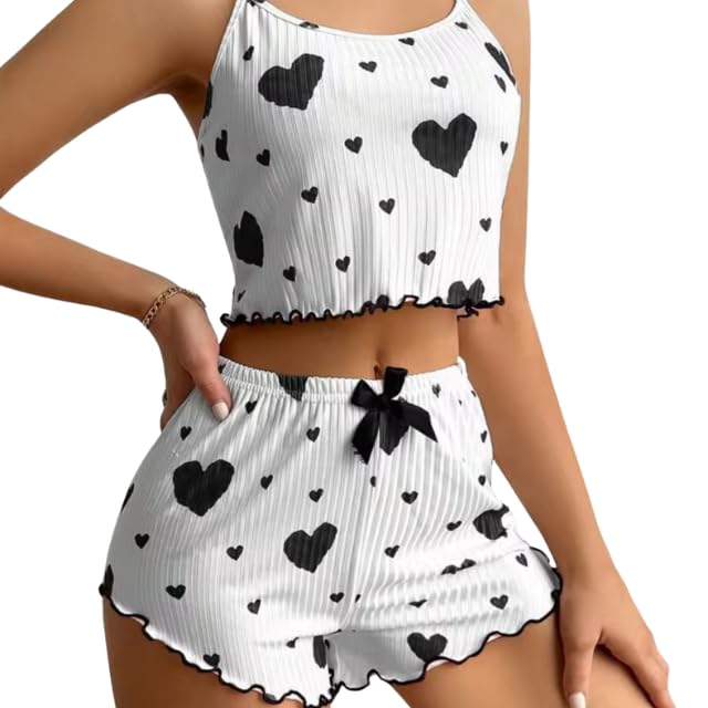 Women Pajamas with Hearts Crop Cami Top and Shorts Set 2