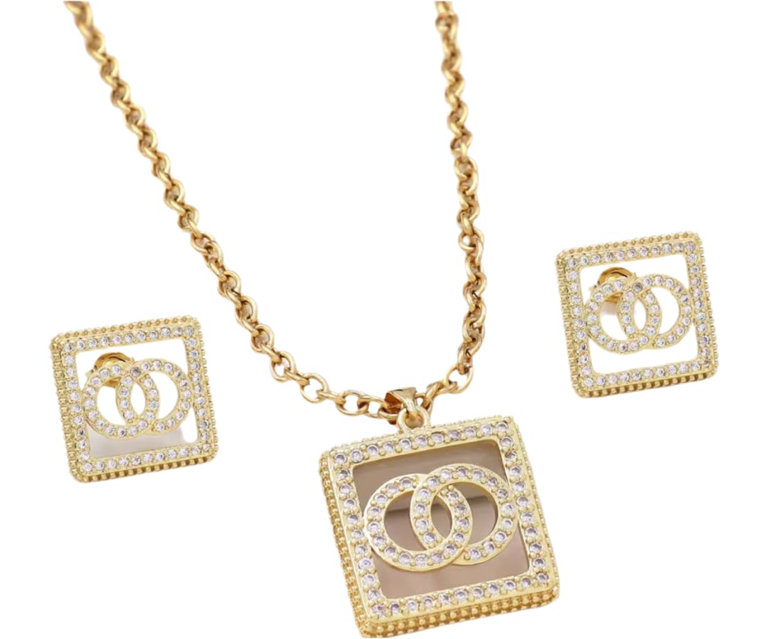 Jewelry Set, 2 Piece Necklace and Earrings Set, Logo Designer, Luxury Fashion Accessories Crystal Square Pendant