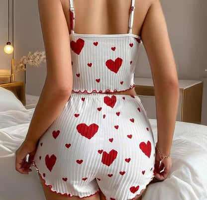 Women Pajamas with Hearts Crop Cami Top and Shorts Set 2