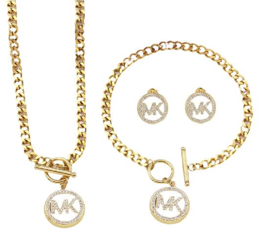 Designer Jewelry Set, 3 Piece Necklace, Earrings and Bracelet Set, Logo Design, Luxury Fashion Accessories (GOLD)