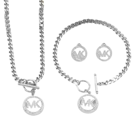 Jewelry Set, 3 Piece Necklace, Earrings and Bracelet Set, Logo Design, Luxury Fashion Accessories, Designer, Silver