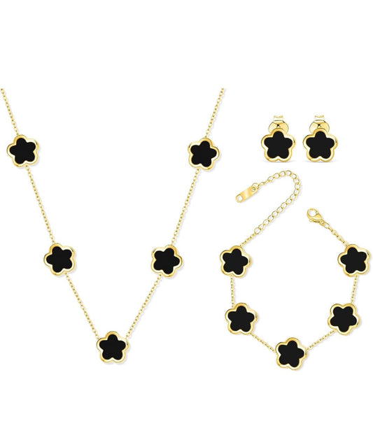 Clover Jewelry Set, Stainless Steel, Lucky Four-Leaf Clover Design, Hypoallergenic, Black/White/Pink/Red, 3-Piece Set with Necklace, Bracelet, Earrings