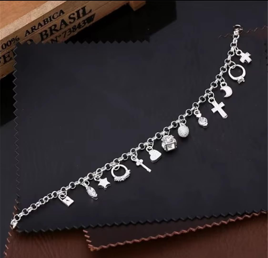 Elegant Silver Charm Bracelet with Crystal Accents Featuring Heart Cross Key Ring and Fashion Charms for Women