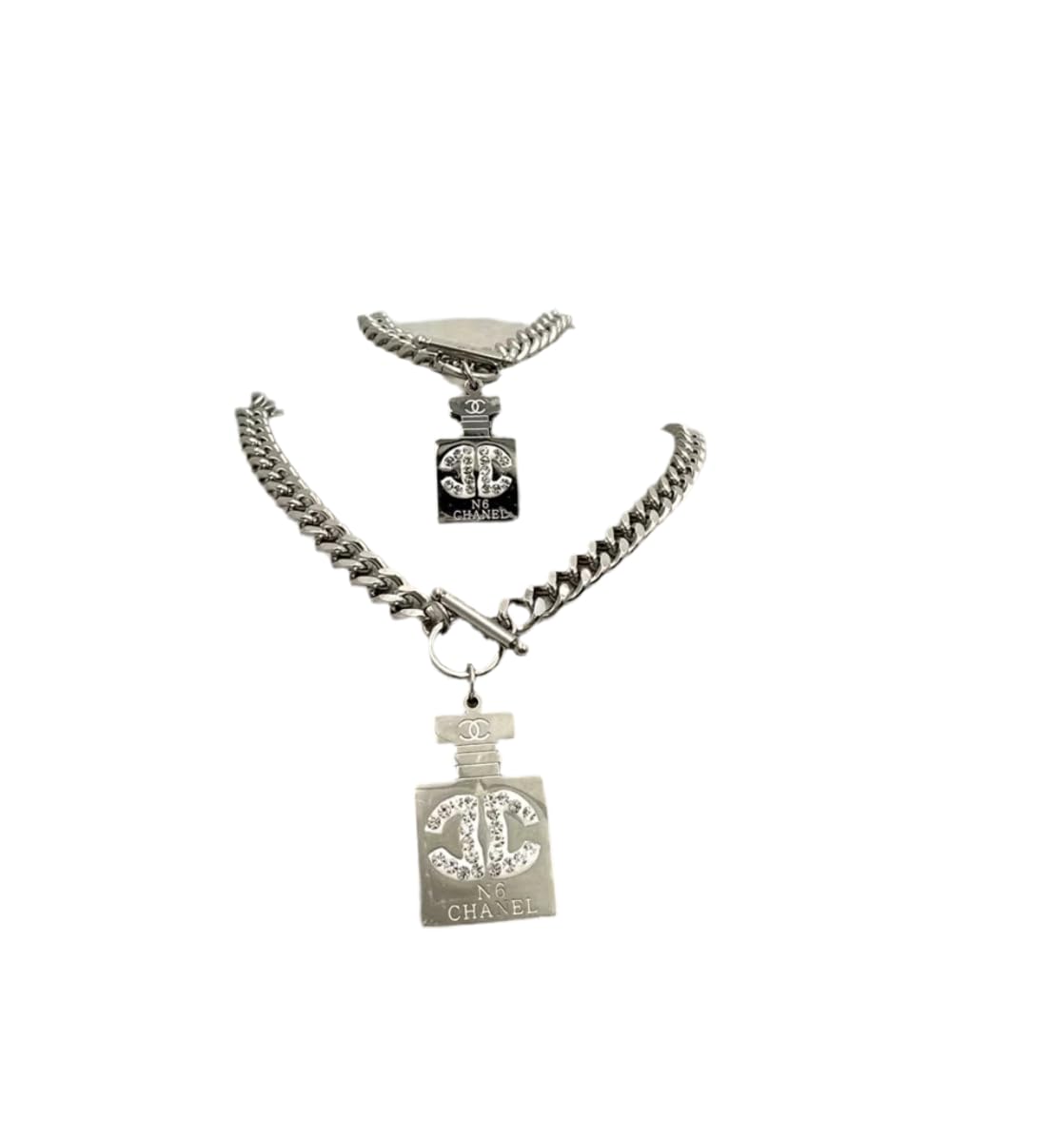 Designer Jewelry Set, 2 Piece Necklace and Bracelet Set, Logo Design, Luxury Fashion Accessories (Silver)