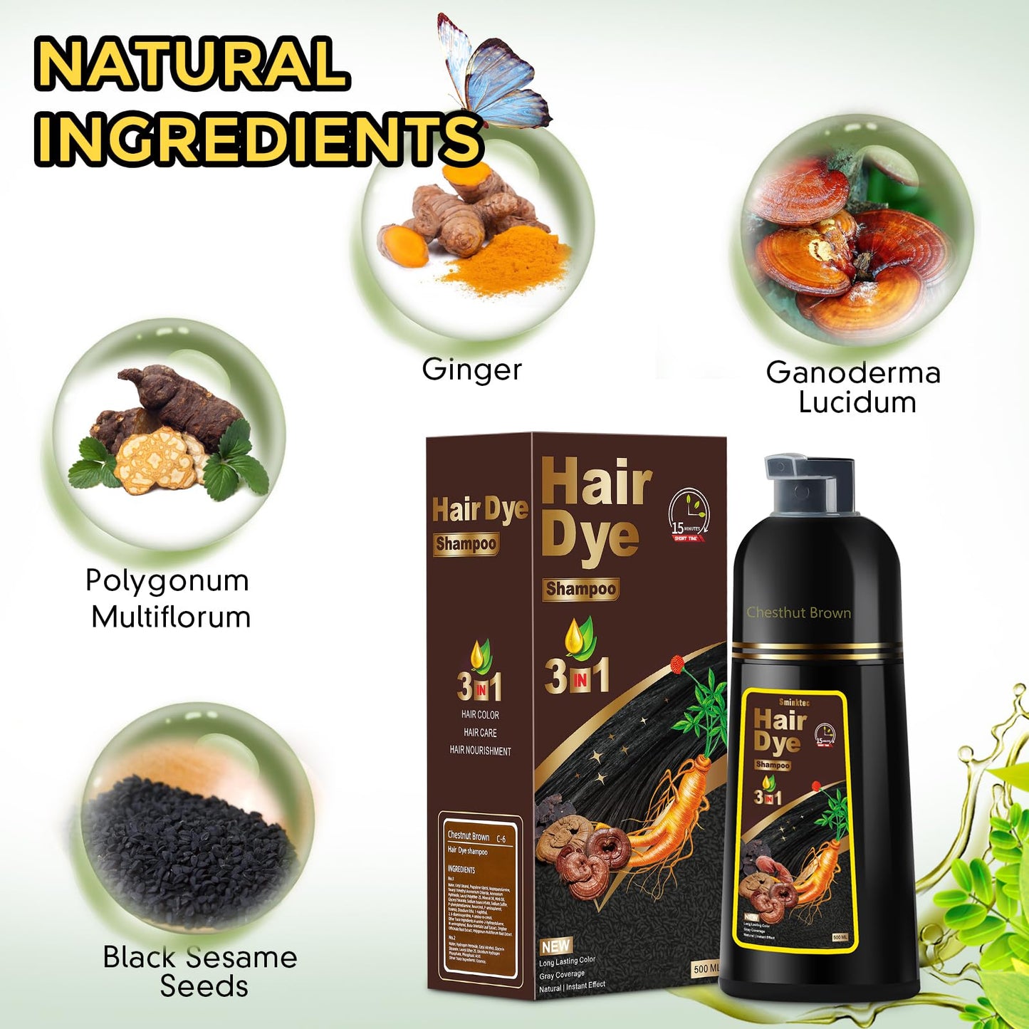 Hair Dye Shampoo 3 in 1 for Gray Hair, Herbal Ingredients Natural Shampoo Hair Dye for Women Men