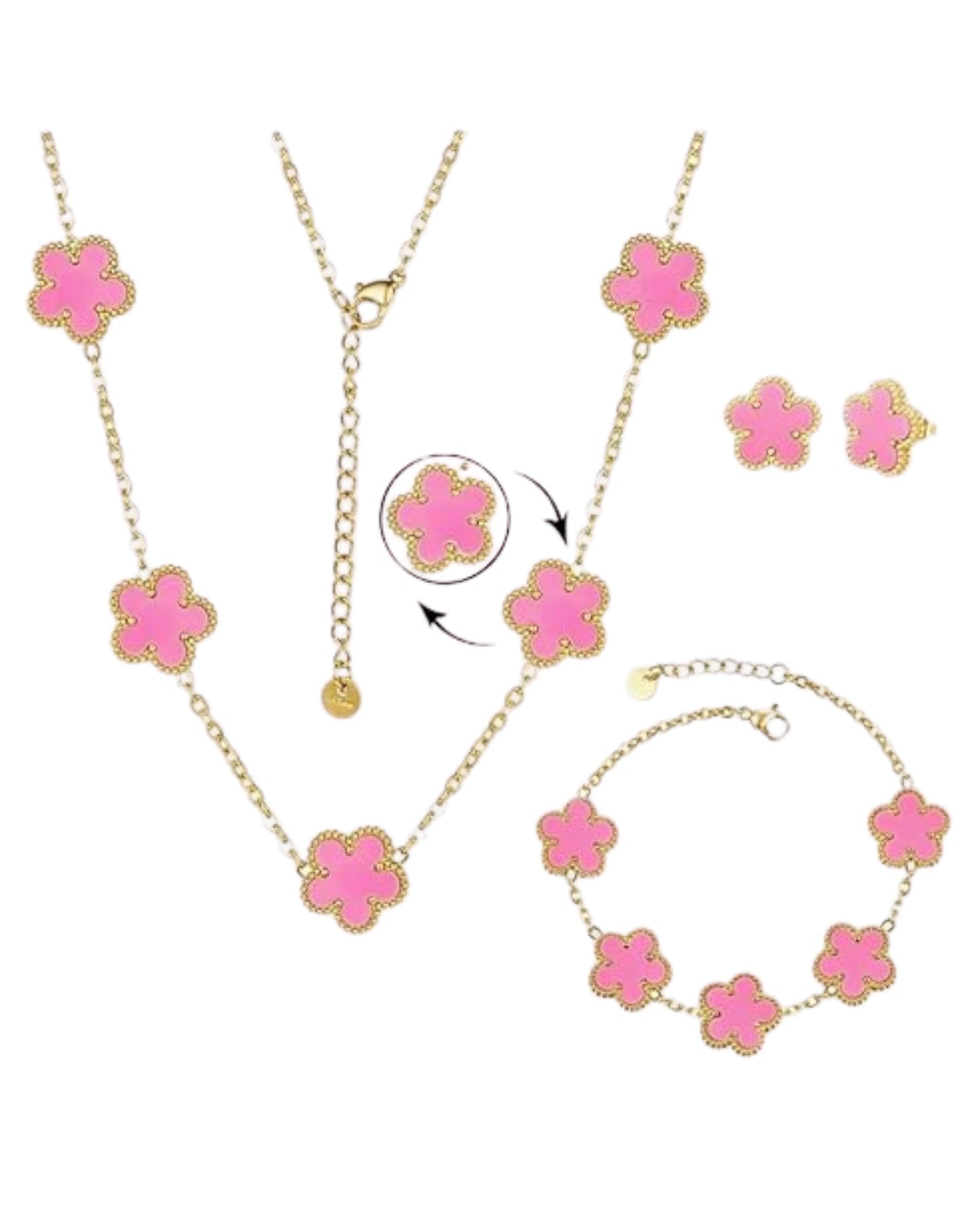 Clover Jewelry Set, Stainless Steel, Lucky Four-Leaf Clover Design, Hypoallergenic, Black/White/Pink/Red, 3-Piece Set with Necklace, Bracelet, Earrings