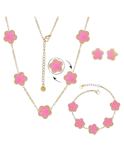 Clover Jewelry Set, Stainless Steel, Lucky Four-Leaf Clover Design, Hypoallergenic, Black/White/Pink/Red, 3-Piece Set with Necklace, Bracelet, Earrings