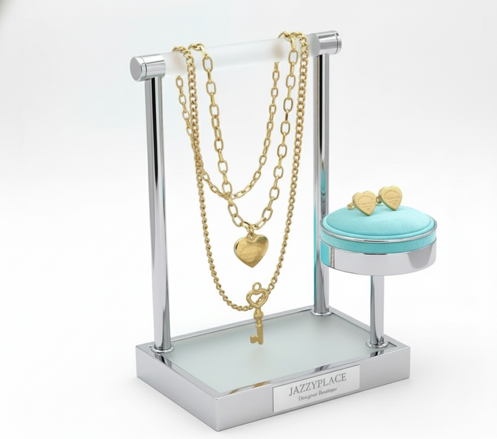 Heart Key Luxe Necklace & Stud Earrings – Gold & Silver Set