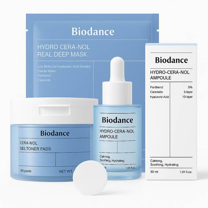 Hydro CERA-NOL Skincare Bundle – Toner Pads + Deep Hydrating Mask + Ampoule Serum | Calming, Soothing & Moisturizing Set