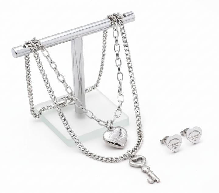 Heart Key Luxe Necklace & Stud Earrings – Gold & Silver Set