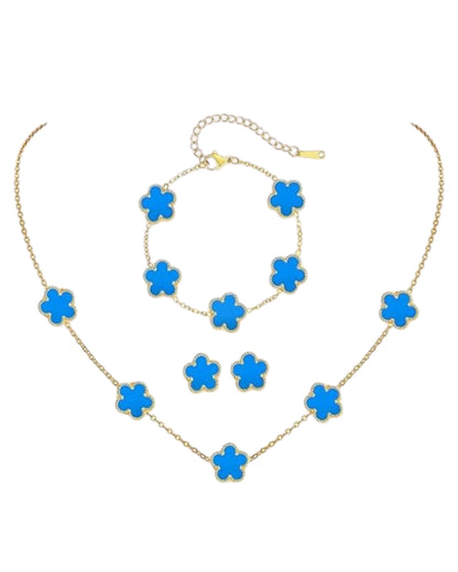 Clover Jewelry Set, Stainless Steel, Lucky Four-Leaf Clover Design, Hypoallergenic, Black/White/Pink/Red, 3-Piece Set with Necklace, Bracelet, Earrings