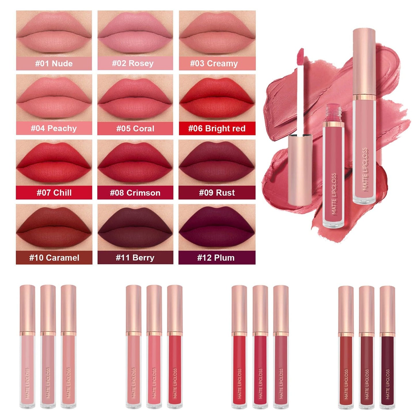 L3STVIKWEA 3 PCS Matte Liquid Lip Glaze Set Waterproof Long Lasting Smooth Lip Gloss Lipstick Non Stick Cup Non Fading Lip Glaze