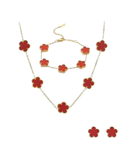 Clover Jewelry Set, Stainless Steel, Lucky Four-Leaf Clover Design, Hypoallergenic, Black/White/Pink/Red, 3-Piece Set with Necklace, Bracelet, Earrings