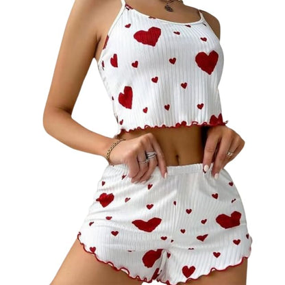 Women Pajamas with Hearts Crop Cami Top and Shorts Set 2