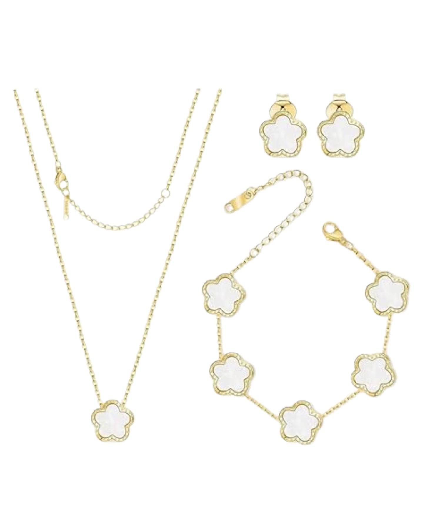 Clover Jewelry Set, Stainless Steel, Lucky Four-Leaf Clover Design, Hypoallergenic, Black/White/Pink/Red, 3-Piece Set with Necklace, Bracelet, Earrings