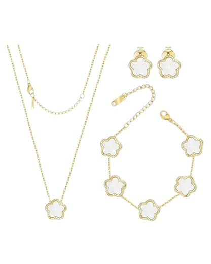 Clover Jewelry Set, Stainless Steel, Lucky Four-Leaf Clover Design, Hypoallergenic, Black/White/Pink/Red, 3-Piece Set with Necklace, Bracelet, Earrings