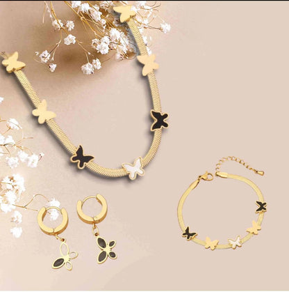 Elegant Gold Butterfly Jewelry Set for Women Includes Necklace Bracelet and Earrings with Black and White Accents Perfect for Gifting and Everyday Fashion