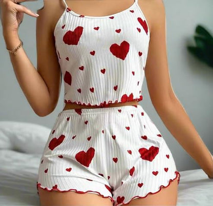 Women Pajamas with Hearts Crop Cami Top and Shorts Set 2