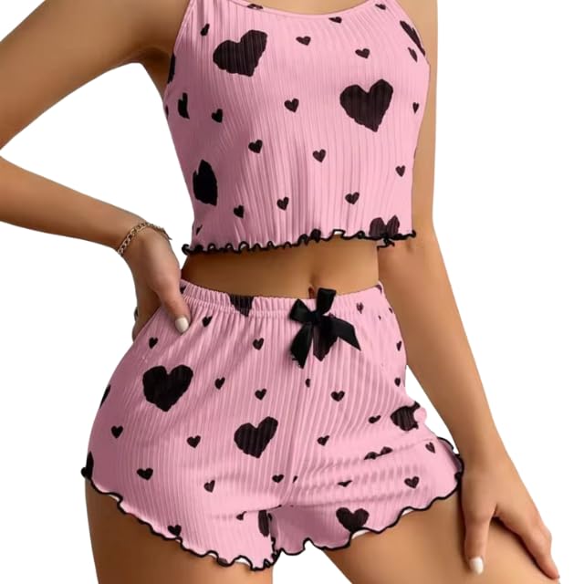 Women Pajamas with Hearts Crop Cami Top and Shorts Set 2