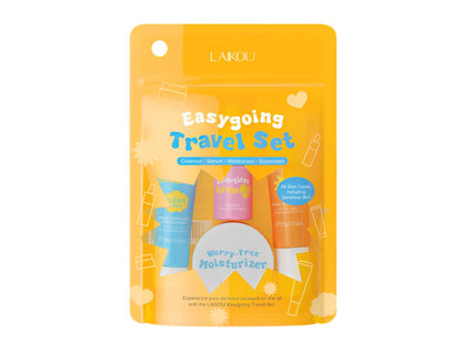Easygoing Travel Skincare Set, 4-Piece Kit with Cleanser, Serum, Moisturizer, Sunscreen, For All Skin Types
