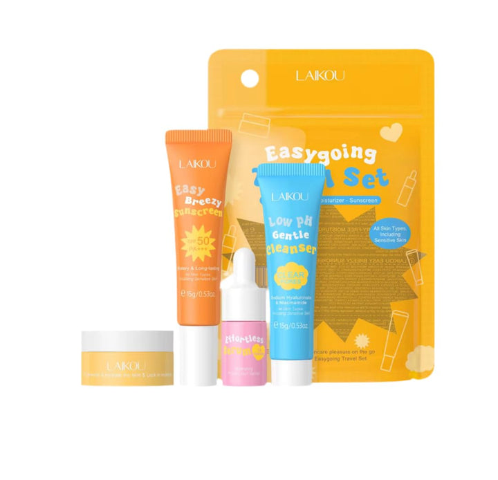 Travel Skincare Set, 4-Piece Kit with Cleanser, Serum, Moisturizer, Sunscreen, For All Skin Types