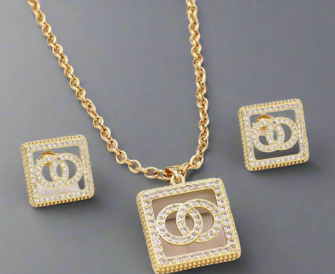 Jewelry Set, 2 Piece Necklace and Earrings Set, Logo Designer, Luxury Fashion Accessories Crystal Square Pendant