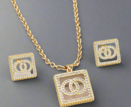 Jewelry Set, 2 Piece Necklace and Earrings Set, Logo Designer, Luxury Fashion Accessories Crystal Square Pendant