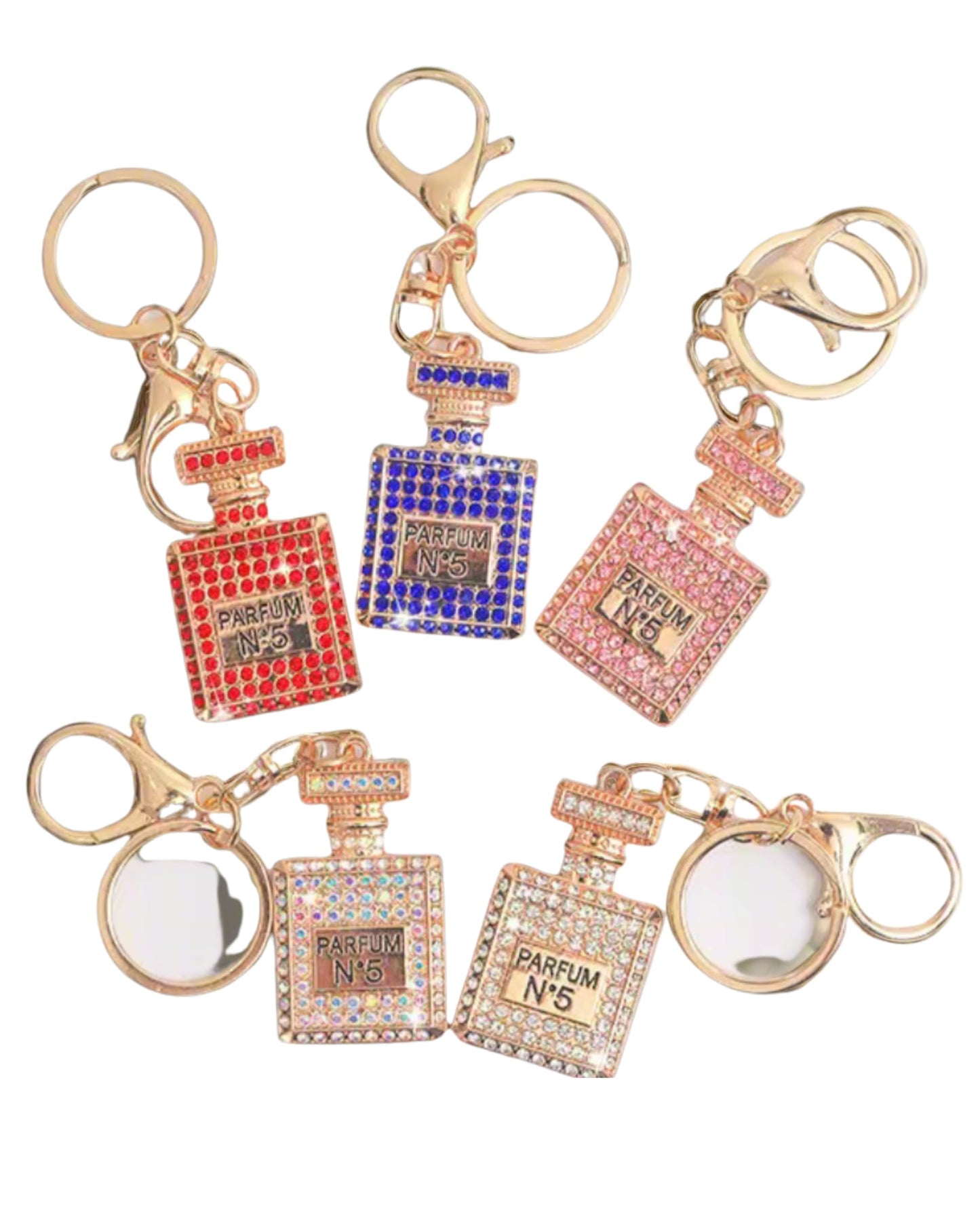 Perfume Bottle Rhinestone Keychain, Gold, White, Pink, Decorative Accessory