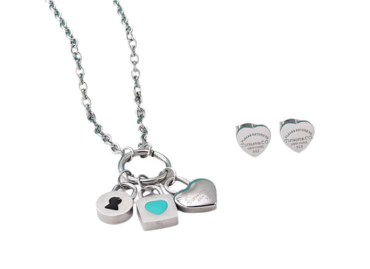 Jewelry Set, 2 Piece Necklace and Earrings Set, Logo Designer, Luxury Fashion Accessories Heart and Lock Shaped