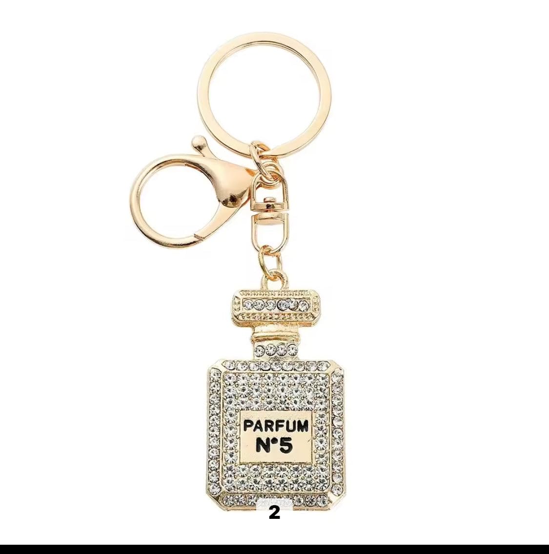 Perfume Bottle Rhinestone Keychain, Gold, White, Pink, Decorative Accessory